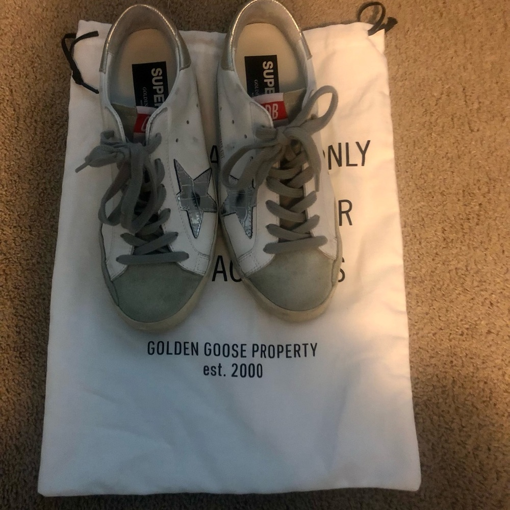 Golden Goose x REVOLVE Superstar Sneaker in White, Ice, & Silver. Like new.
